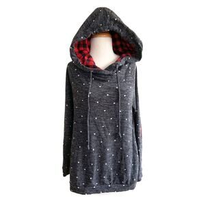 12PM By Mon Ami Pullover Hoodie Sweatshirt Grey Polka Dot Plaid Patches Size S